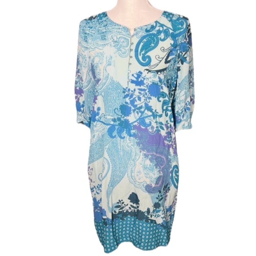 Robert Graham Dress Womens 4 Blue Silk Boho Coastal Artsy Abstract 3/4 Sleeve